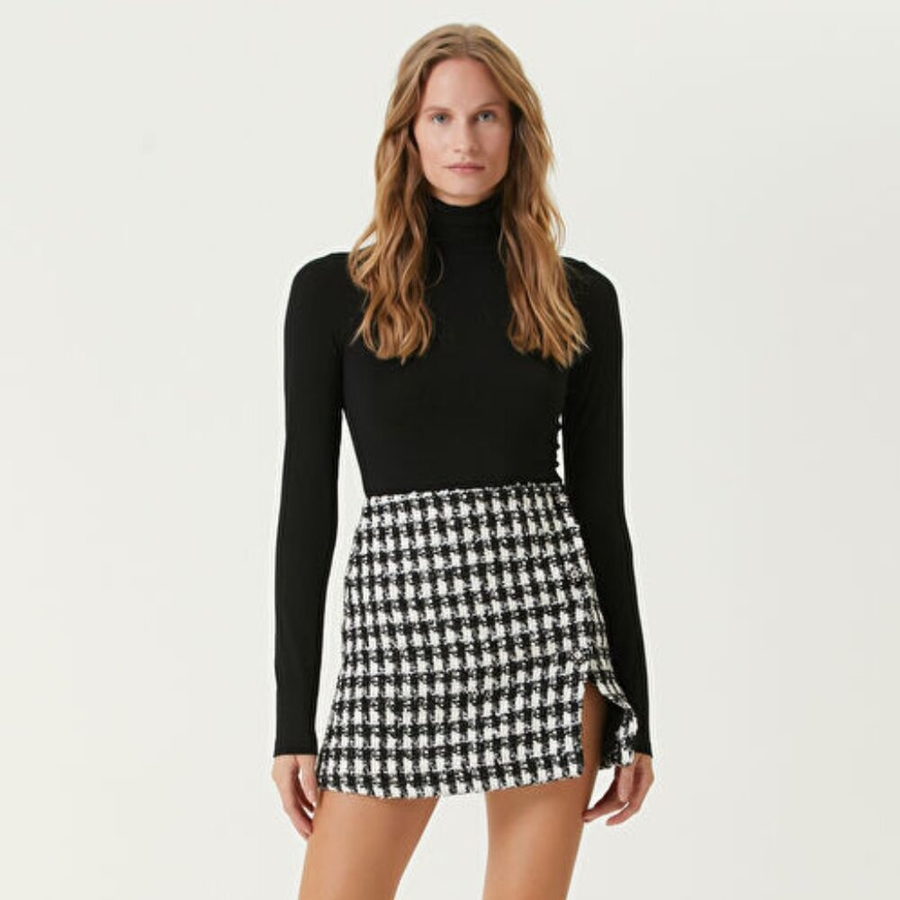 Self Portrait Black and White Check Boucle Mini Tweed Skirt US 2